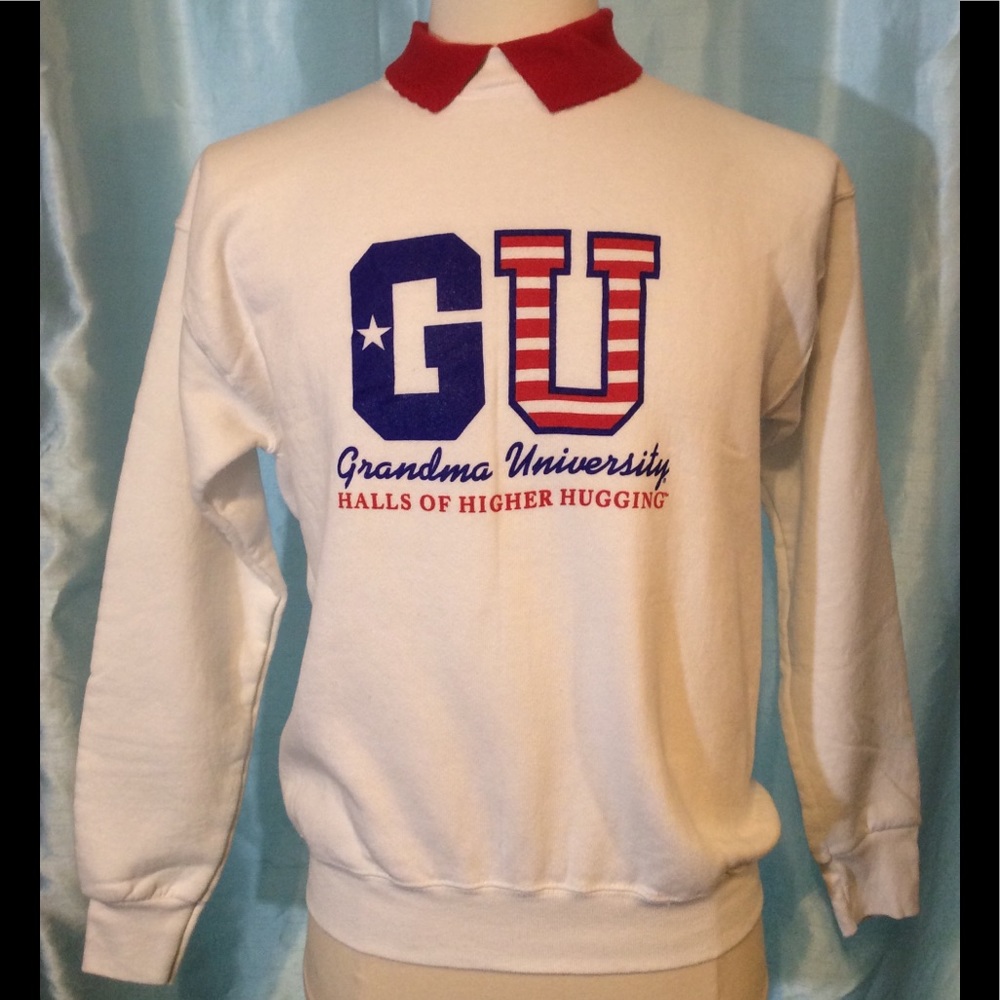 GU Grandma University Halls of Higher Hugging. White with red collar. NWT